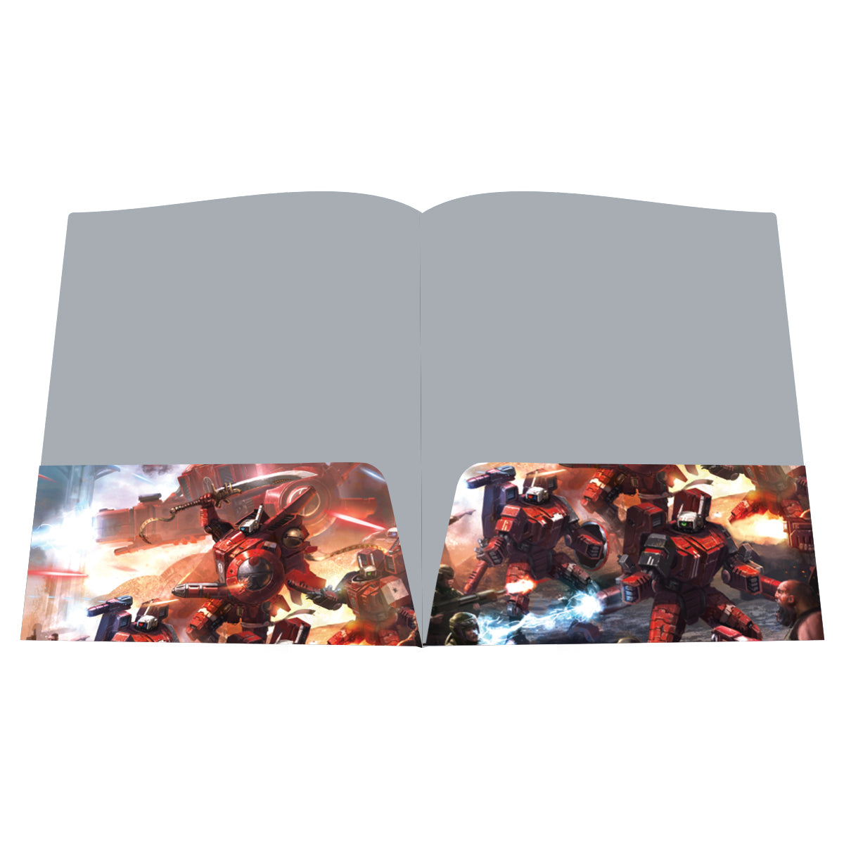 grey card folder. Pockets show red battlesuits & infantry fighting with lasers and explosions in a futuristic battle