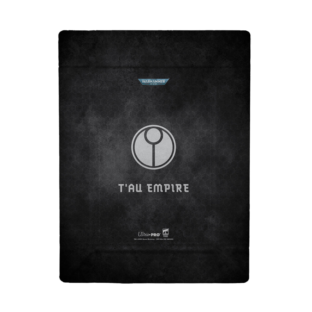 Black Warhammer 40,000 T'au Empire card sleeve featuring the white T'au symbol and text on a dark hexagonal pattern