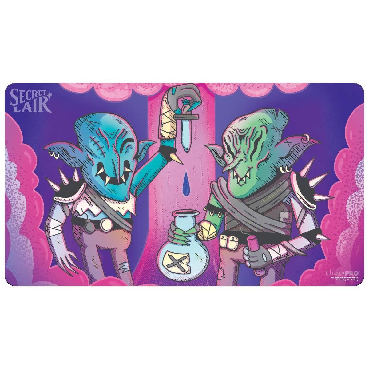 A playmat featuring two stylized goblins, the Shattergang Brothers, one blue with a syringe and the other green holding a beaker, against a purple and pink background