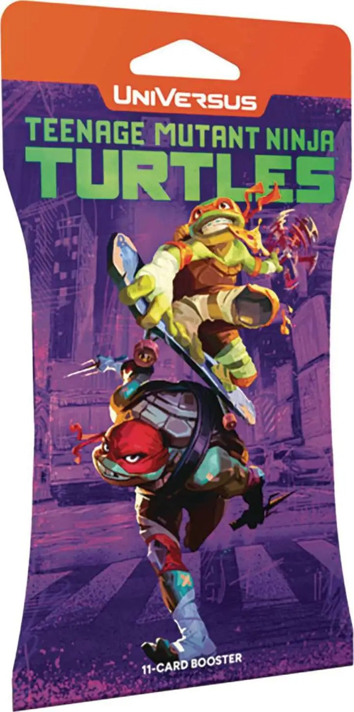 Teenage Mutant Ninja Turtles Universus 11-card booster pack, features Michelangelo on a skateboard with pizza, and Raphael with sais, against a purple city background
