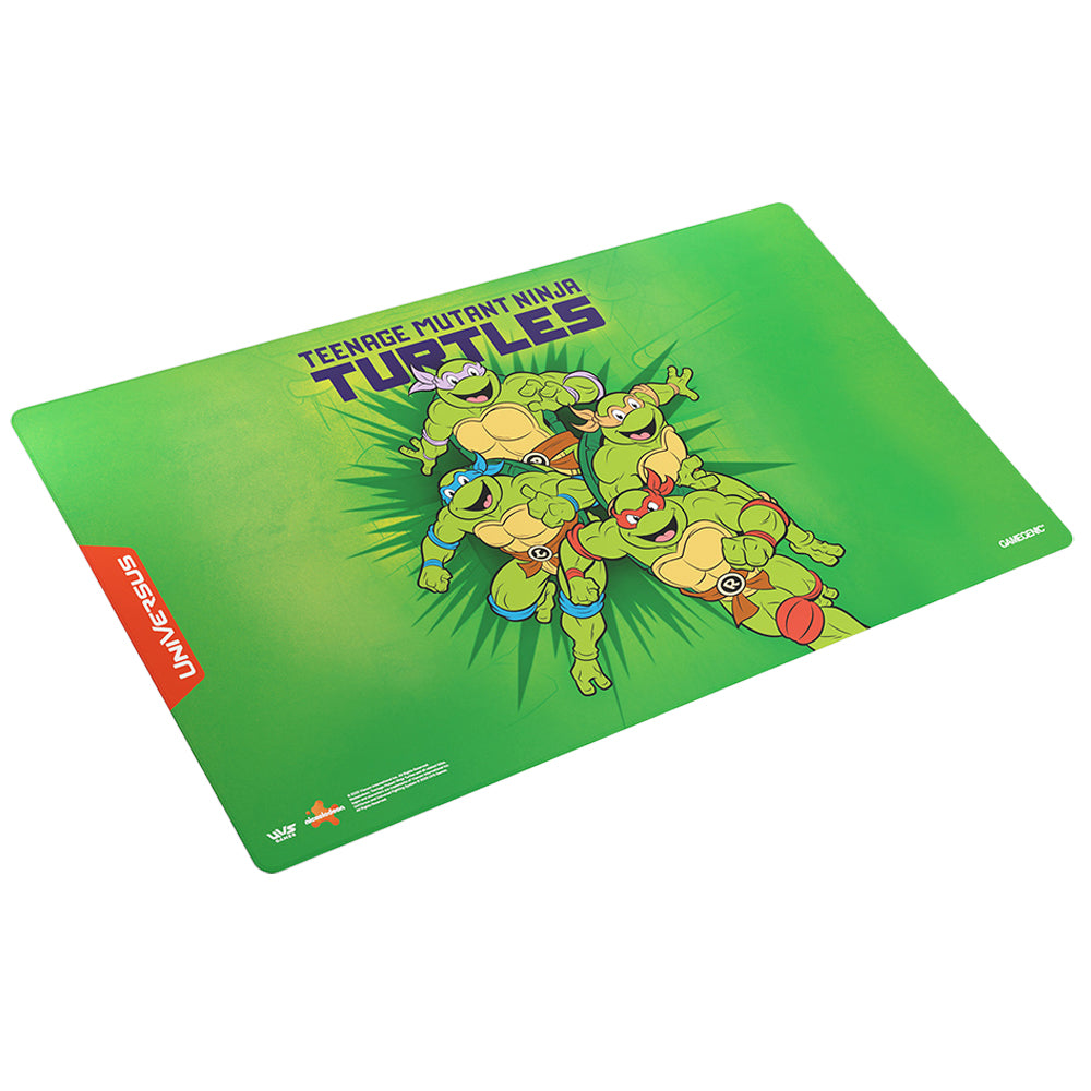 A green game mat with the Teenage Mutant Ninja Turtles logo and all four turtles in a dynamic group pose. Features Universus branding