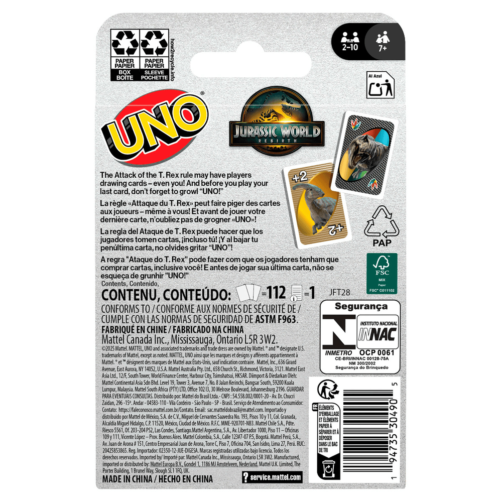 Back of an UNO Jurassic World Rebirth card game package, showing two dinosaur +2 cards and multilingual game info