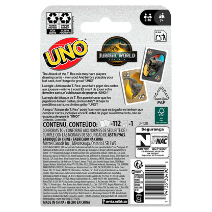 Back of an UNO Jurassic World Rebirth card game package, showing two dinosaur +2 cards and multilingual game info