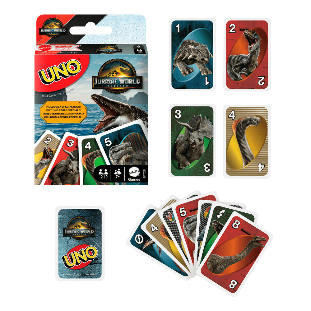 Jurassic World Dominion UNO card game box featuring a Mosasaurus, plus various dinosaur-themed UNO cards