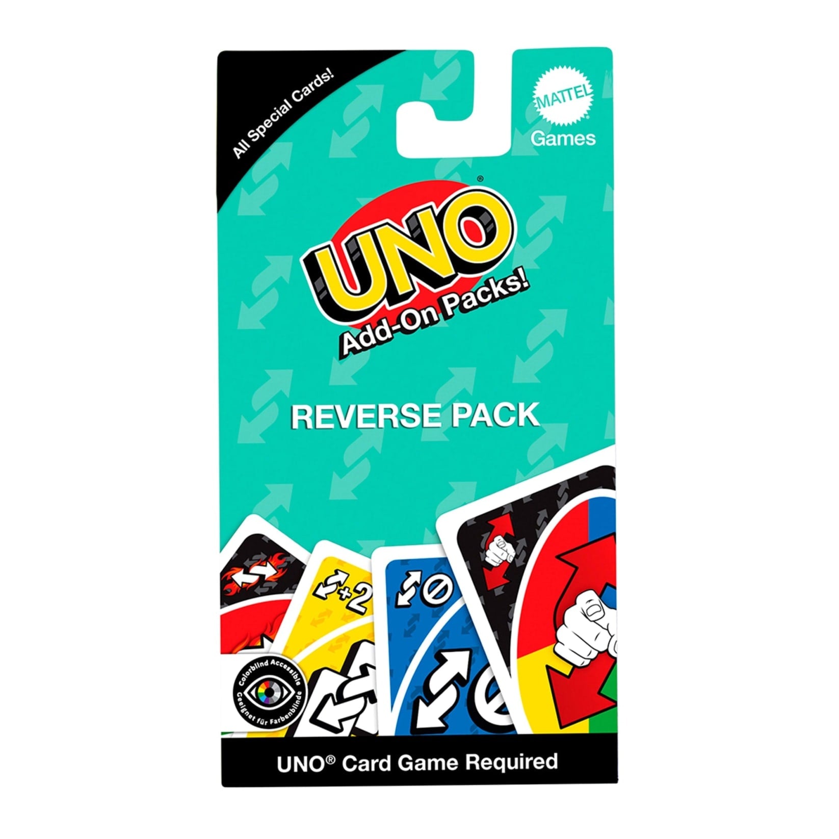 UNO Add-On Reverse Pack packaging with UNO logo, "REVERSE PACK" text, and special UNO cards including a multi-colored Reverse card