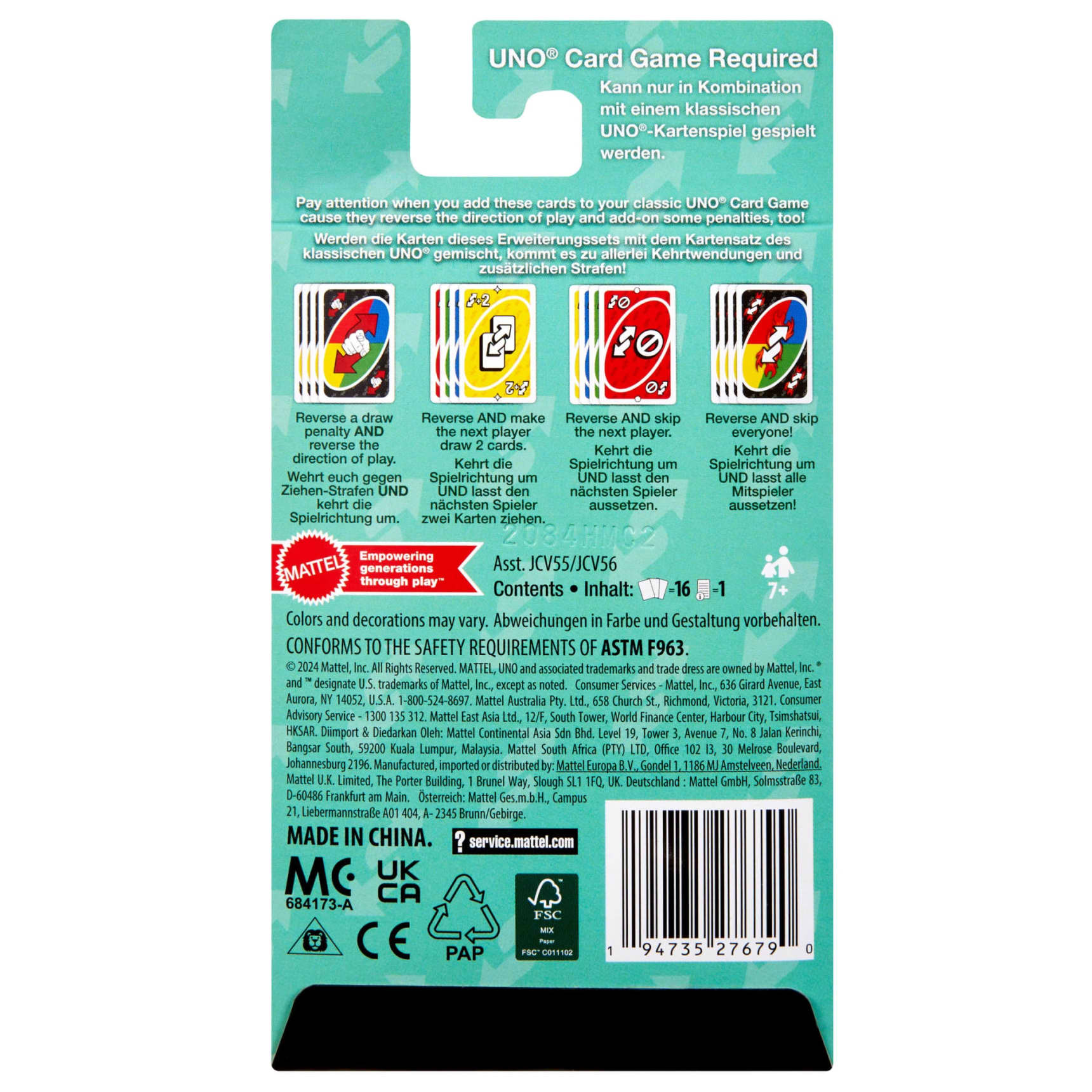 UNO expansion instructions: Four special cards, Reverse Draw, Reverse +2, Reverse Skip, and Reverse Skip All, with rules