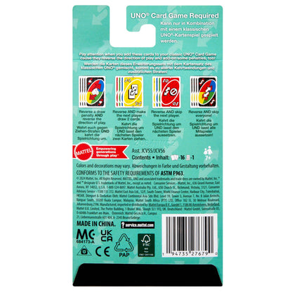 UNO expansion instructions: Four special cards, Reverse Draw, Reverse +2, Reverse Skip, and Reverse Skip All, with rules