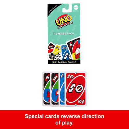 UNO Reverse Add-On Pack packaging and five special UNO cards. Cards feature reverse, skip, and draw 2 symbols
