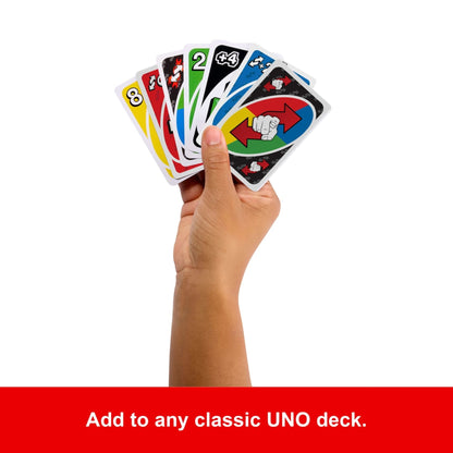 A hand holds a fan of UNO cards, showing colorful number cards and action cards like Reverse and +4