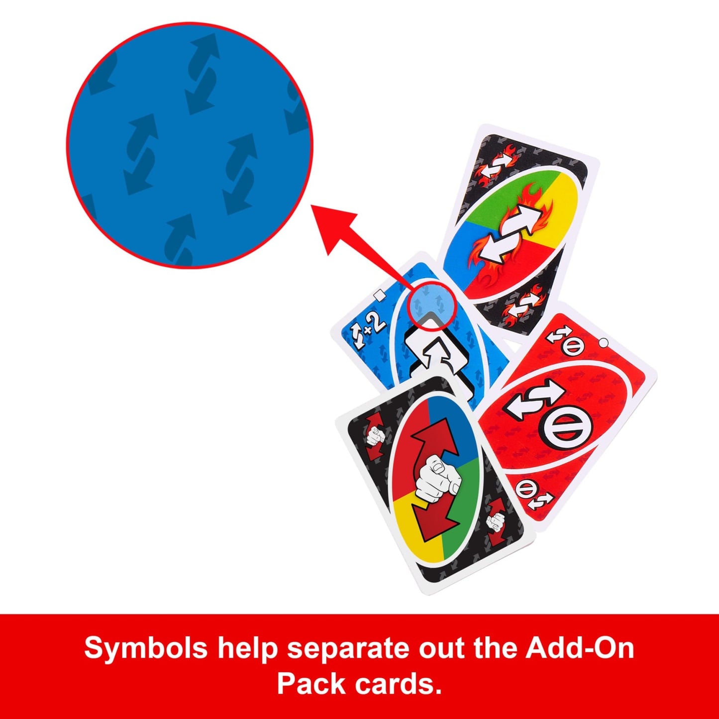 Uno Add-On cards featuring small reverse arrow symbols, magnified for easy identification