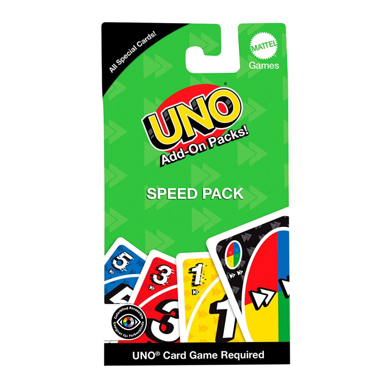 Green UNO Speed Pack with "Add-On Packs!" text, showing a blue 5, red 3, yellow 1, and a multi-colored wild UNO card