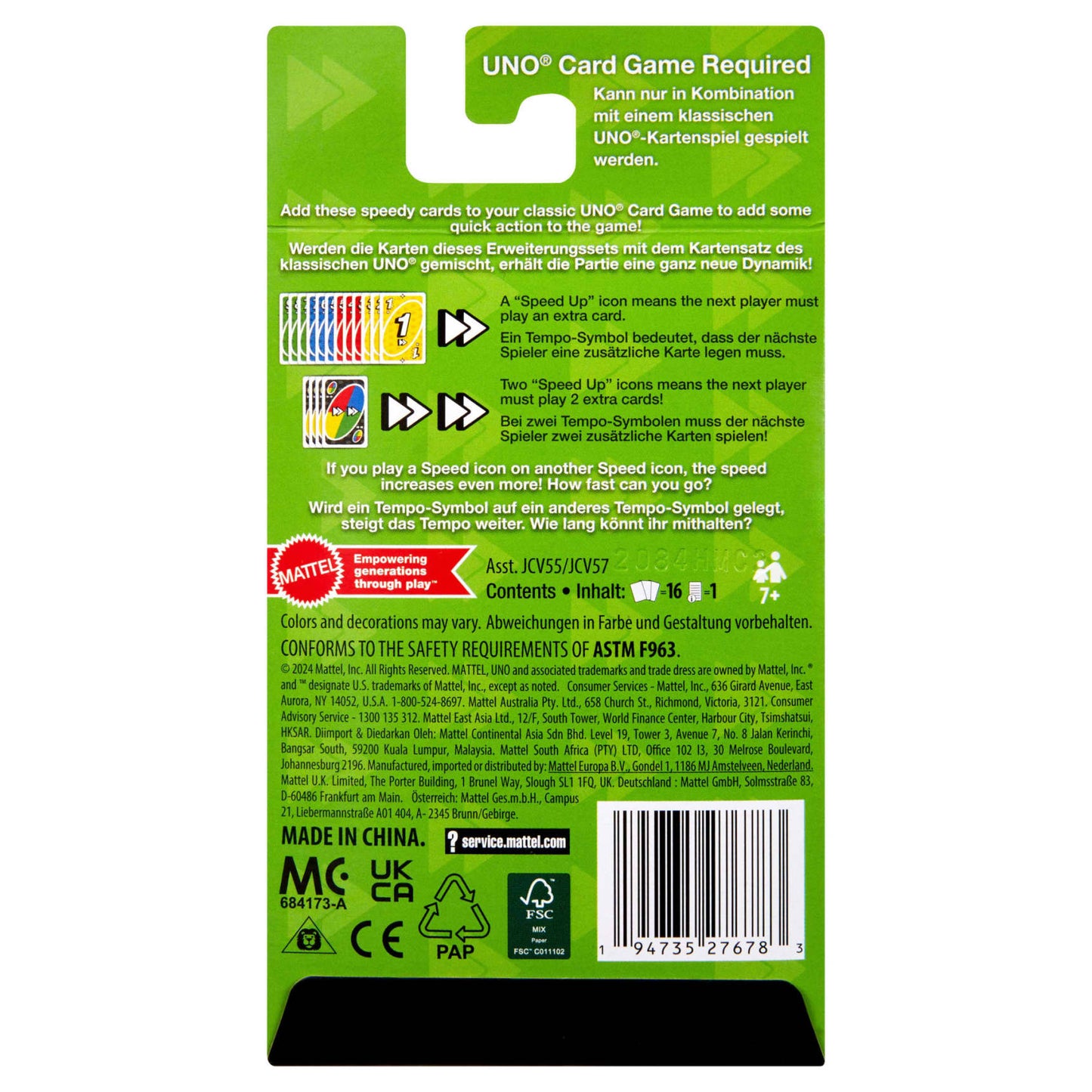 Green UNO card game expansion packaging with "Speed Up" rules, card images, and a barcode