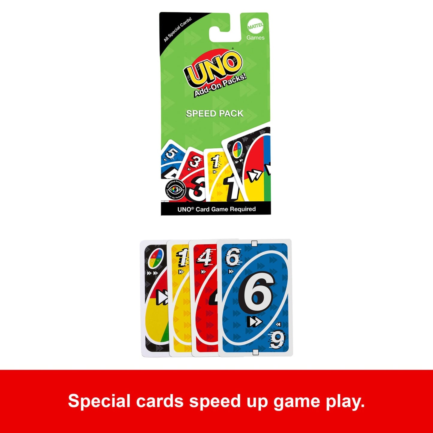 UNO Speed Pack packaging and four special cards with fast-forward symbols (0, 1, 4, 6) to speed up gameplay