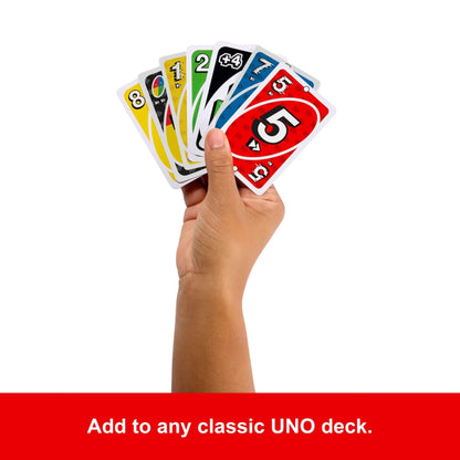 A hand holds a fanned stack of colorful UNO cards, prominently featuring a red 5 and a Wild Draw 4 card