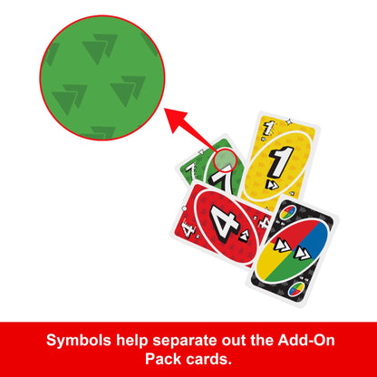 A magnified pattern of small triangles highlights similar symbols on UNO cards (green 7, yellow 1, red 4, wild) to identify add-on packs