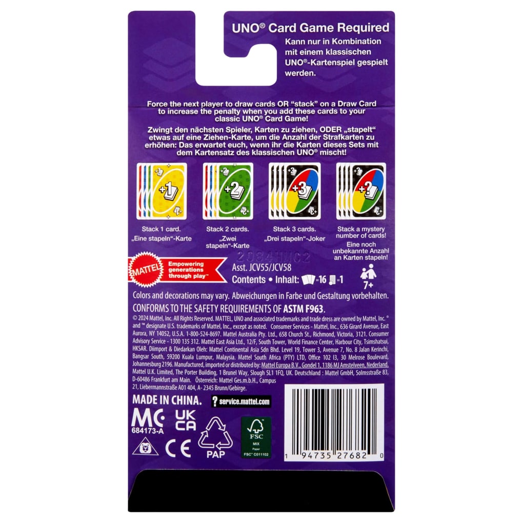 UNO card game package back, explaining "stacking" rules with illustrations of card stacks