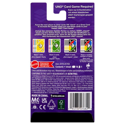 UNO card game package back, explaining "stacking" rules with illustrations of card stacks