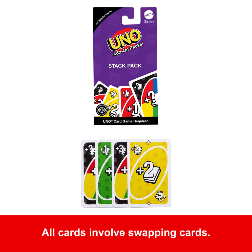 UNO Add-On Packs! Stack Pack in packaging, with four visible +1, +2, and +3 UNO action cards