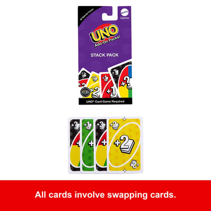 UNO Add-On Packs! Stack Pack in packaging, with four visible +1, +2, and +3 UNO action cards
