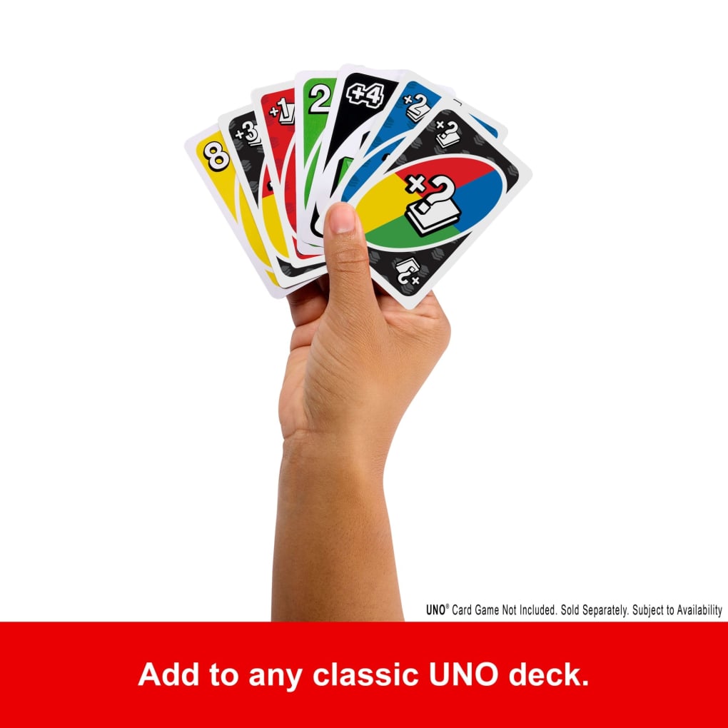 A hand holds fanned colorful UNO cards, including special +3, +4, and Wish cards