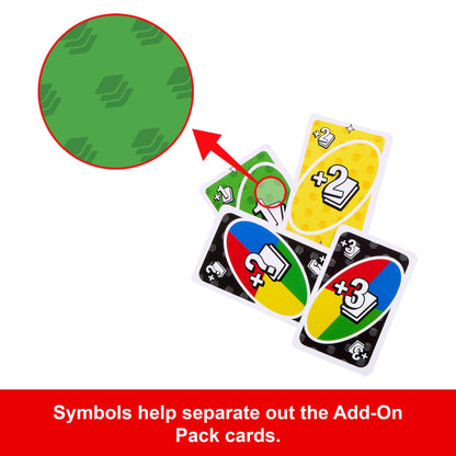 UNO add-on cards, like Draw 2 and Wild Draw 3, with a magnified green circle highlighting their stacked line symbol