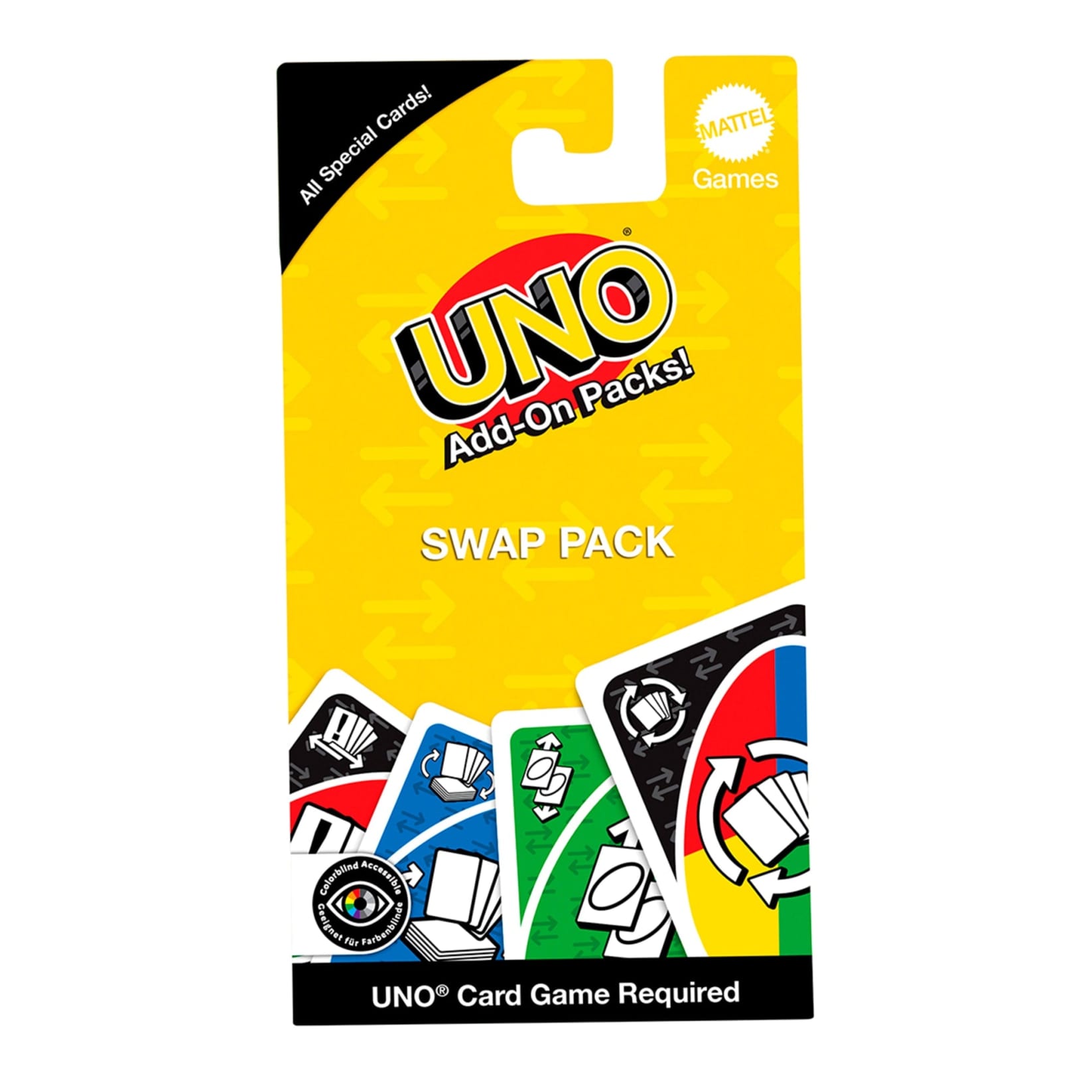Yellow UNO Swap Pack add-on shows special cards, including the "Swap Hands" card. Colorblind accessible