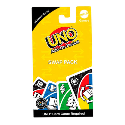 Yellow UNO Swap Pack add-on shows special cards, including the "Swap Hands" card. Colorblind accessible