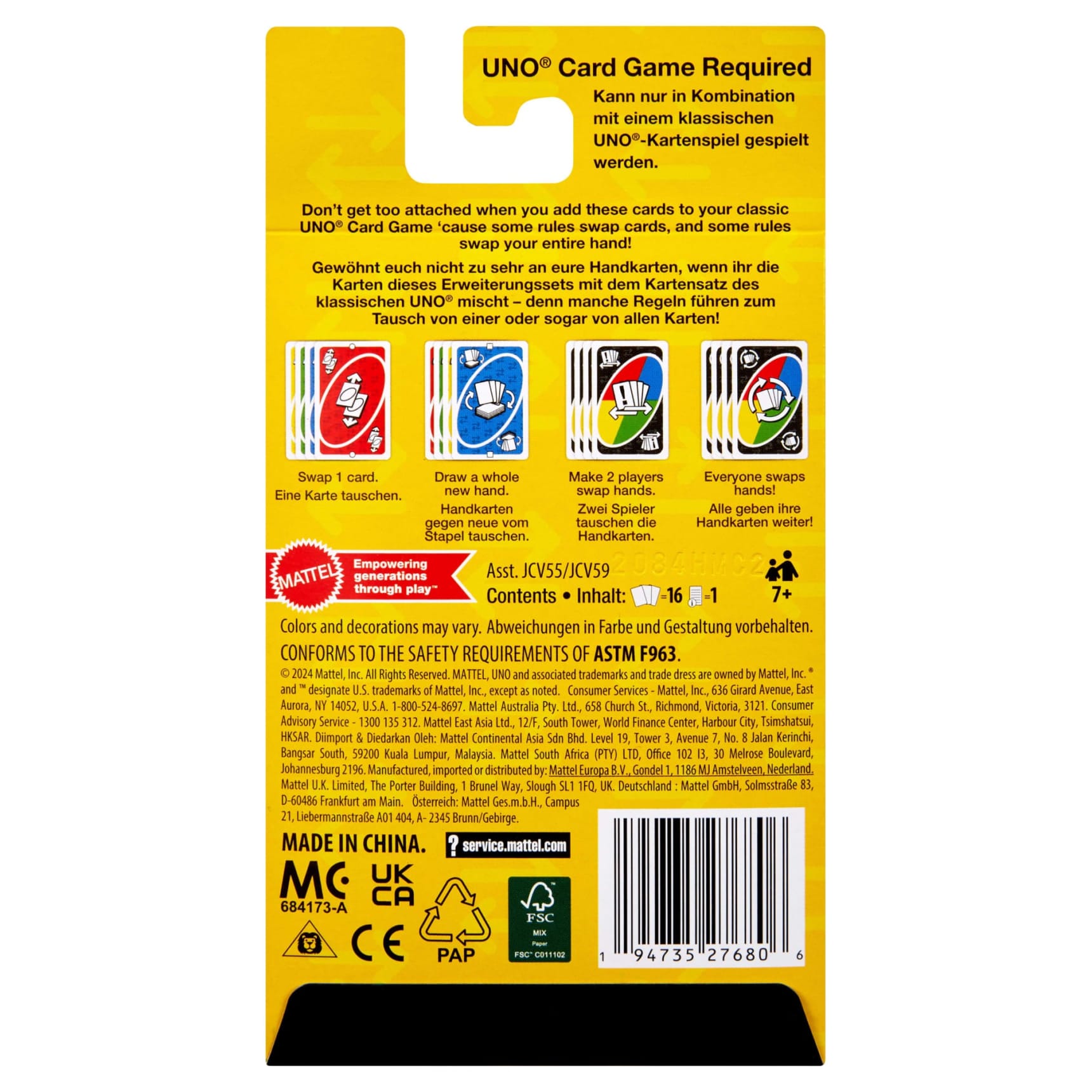 Yellow UNO card game packaging showing four special cards illustrating rules for swapping single cards or entire hands