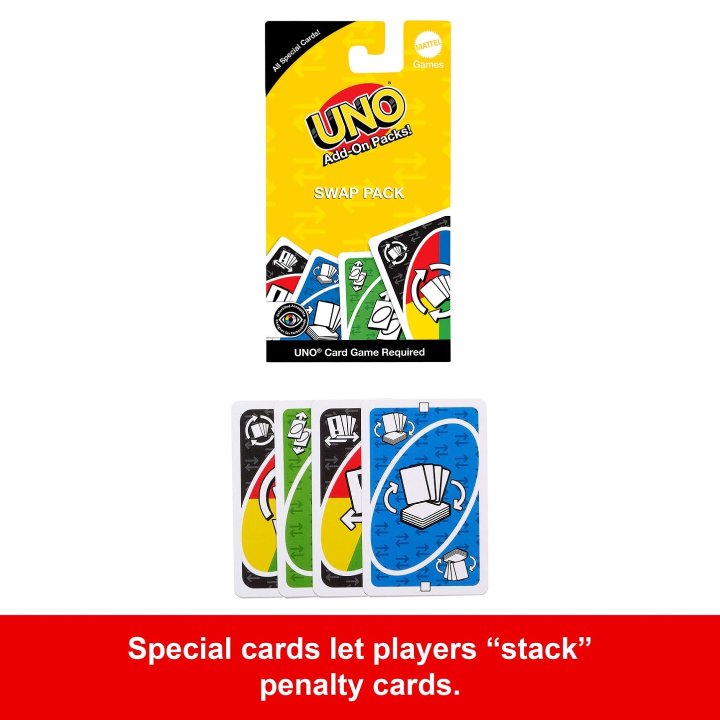 UNO Swap Pack packaging and four special cards to stack penalty cards