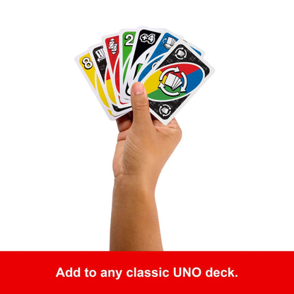 Hand holding a fan of UNO cards, featuring a prominent Wild Shuffle Hands card
