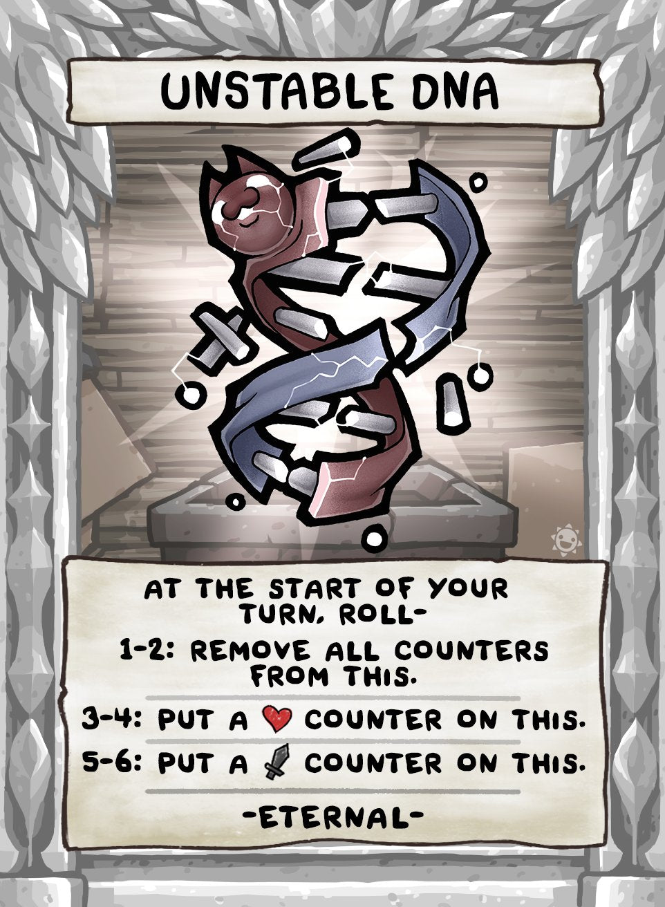 A game card titled &quot;Unstable DNA&quot; showing a fragmented DNA double helix game rules are written below