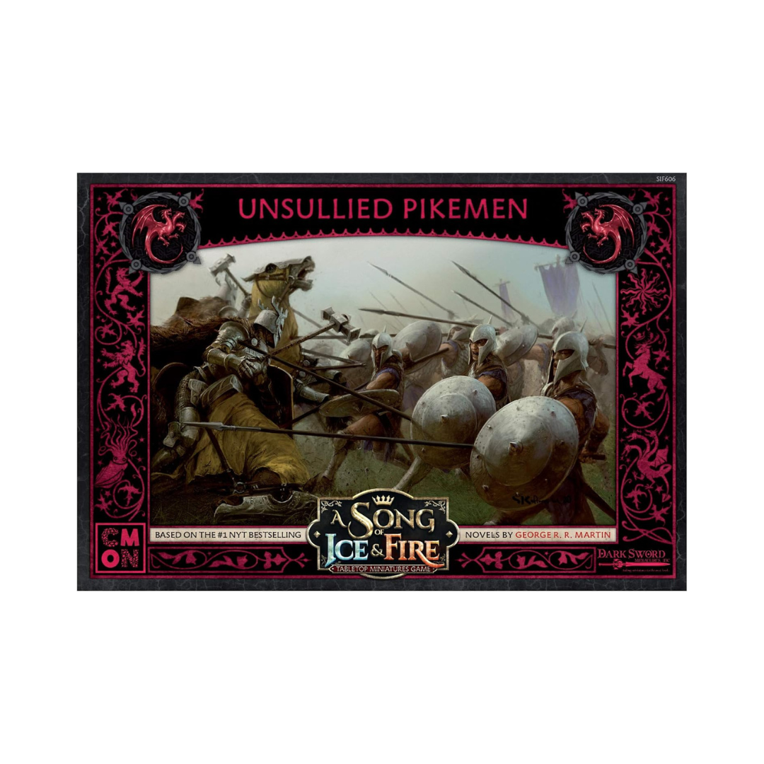Artwork of Unsullied Pikemen: armored soldiers with spears and shields, advancing in a chaotic battle scene