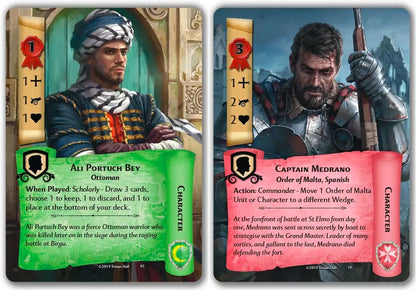 Hall or Nothing 1565 The Great Siege of Malta card game featuring Ottoman warrior Ali Portuch Bey and Order of Malta captain Medrano character cards