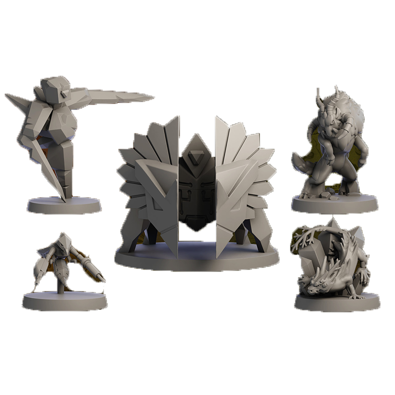 Five unpainted gray tabletop miniatures: an angular warrior, a horned monster, a mech, a crystal dragon, and a geometric gate, on a map background