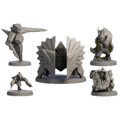 Five unpainted gray tabletop miniatures: an angular warrior, a horned monster, a mech, a crystal dragon, and a geometric gate, on a map background