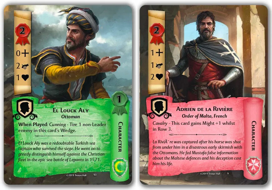 Two Hall or Nothing 1565 St Elmo's Pay card game character cards El Louck Aly an Ottoman and Adrien de la Rivire Order of Malta French