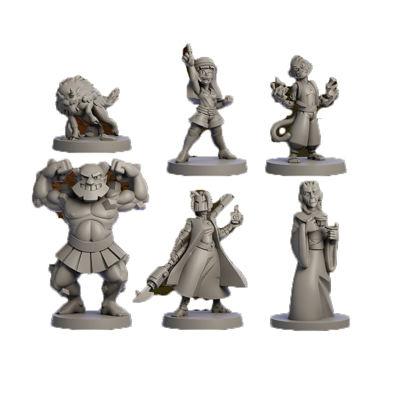 Six unpainted grey fantasy miniatures: wolf, girl pointing, monkey casting, flexing ogre, armored woman with potion, robed elder