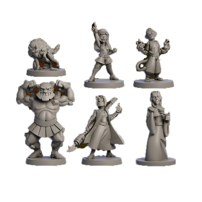 Six unpainted grey fantasy miniatures: wolf, girl pointing, monkey casting, flexing ogre, armored woman with potion, robed elder