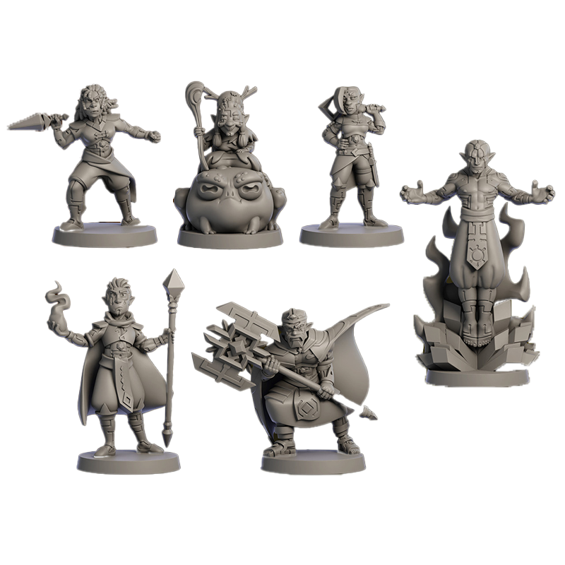 Six gray unpainted fantasy miniatures of diverse characters, including warriors and a figure riding a frog, on a map background
