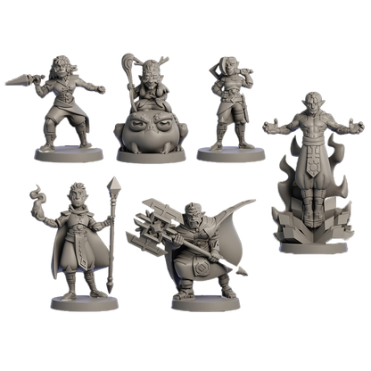 Six gray unpainted fantasy miniatures of diverse characters, including warriors and a figure riding a frog, on a map background