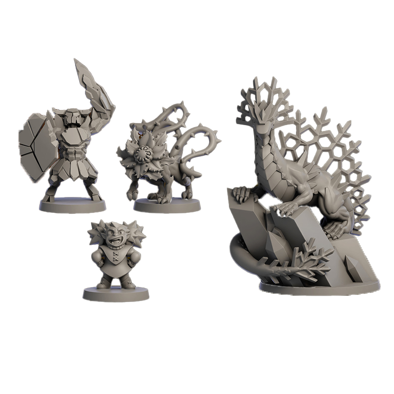 Unpainted gray fantasy miniatures: an armored warrior, thorny beast, grinning goblin, and a snowflake dragon