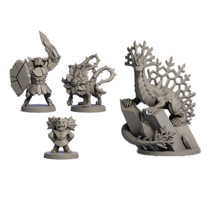 Unpainted gray fantasy miniatures: an armored warrior, thorny beast, grinning goblin, and a snowflake dragon