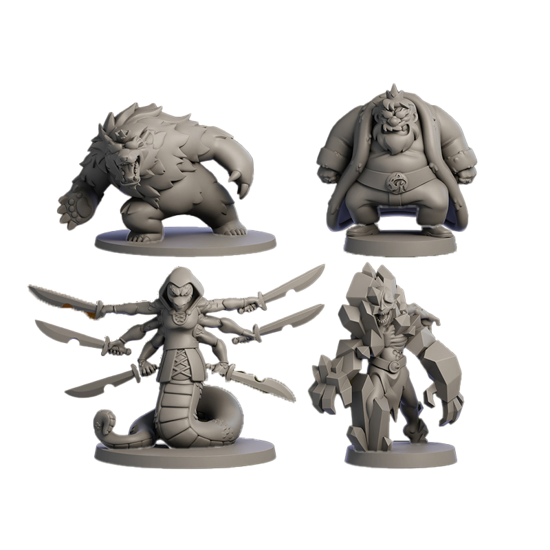 Four grey fantasy miniatures: a roaring bear, a heavy-set man, a multi-armed snake with swords, and a rock monster
