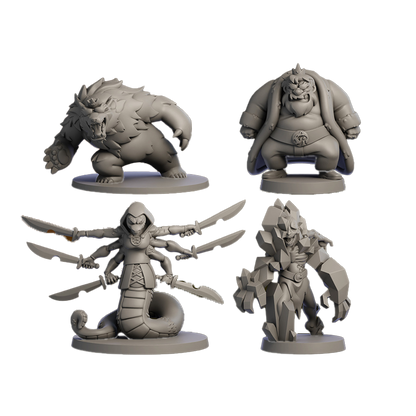 Four grey fantasy miniatures: a roaring bear, a heavy-set man, a multi-armed snake with swords, and a rock monster