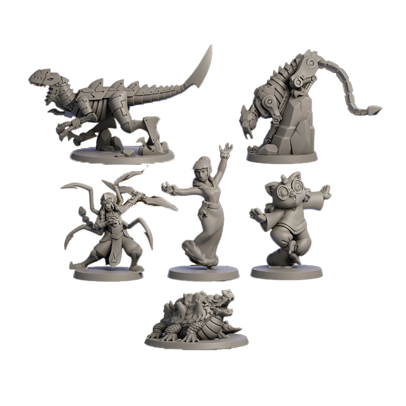 Six grey unpainted tabletop miniatures: two mechanical dinosaurs, three fantasy characters (including a multi-armed warrior and a cat-creature), and an armored beast