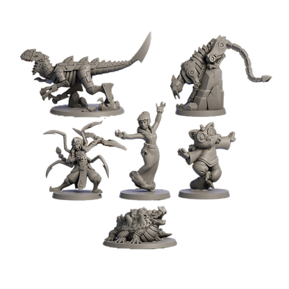 Six grey unpainted tabletop miniatures: two mechanical dinosaurs, three fantasy characters (including a multi-armed warrior and a cat-creature), and an armored beast