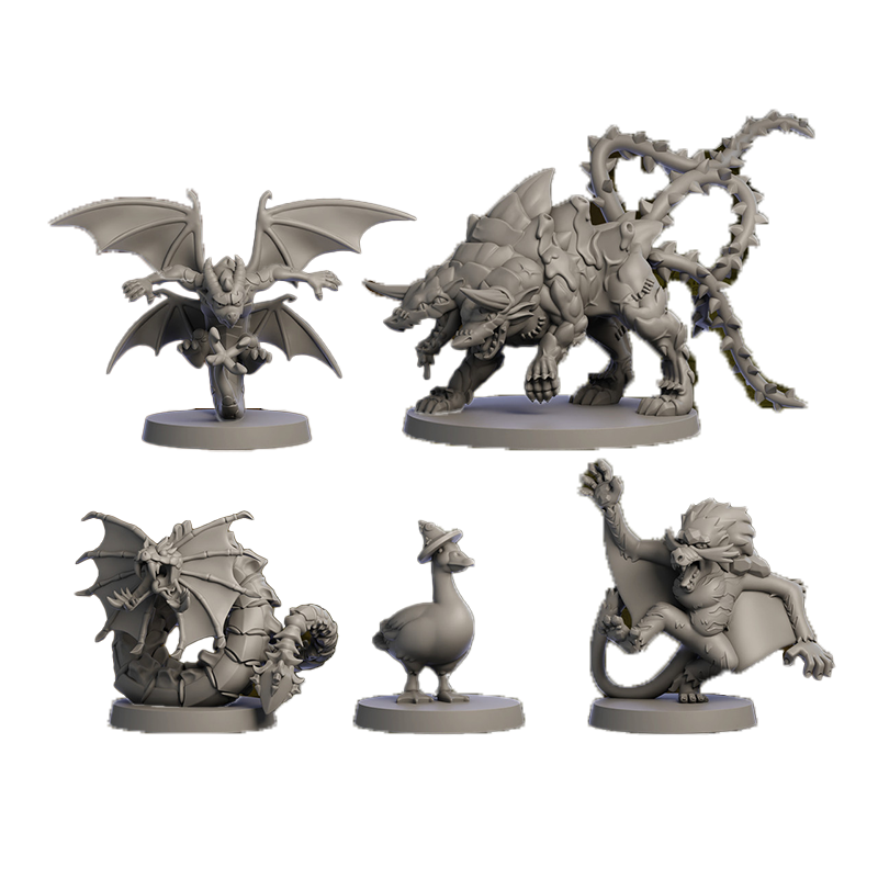 Five unpainted grey fantasy miniatures including winged demons, multi-headed monsters, and a goose in a wizard hat