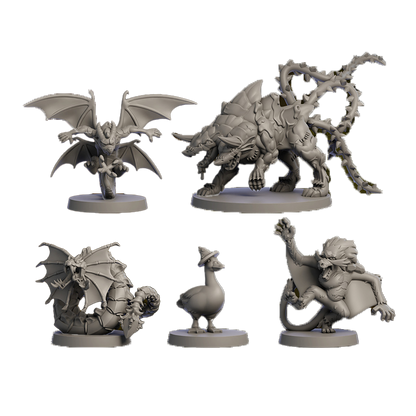 Five unpainted grey fantasy miniatures including winged demons, multi-headed monsters, and a goose in a wizard hat