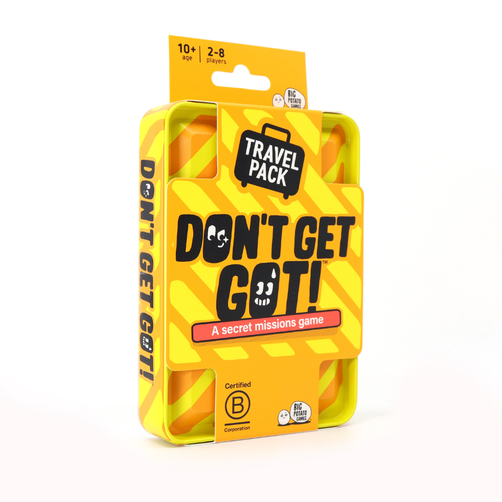 Don&#39;t Get Got Travel Pack card game in bright yellow and orange casing certified B Corporation for 2-8 players age 10