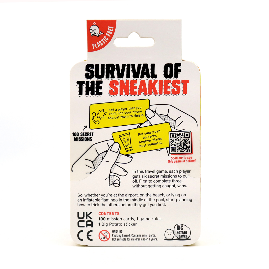 Don&#39;t Get Got Travel game box showing game instructions like Tell a player you can&#39;t find your phone and Put sunscreen on badly with 100 Secret Missions